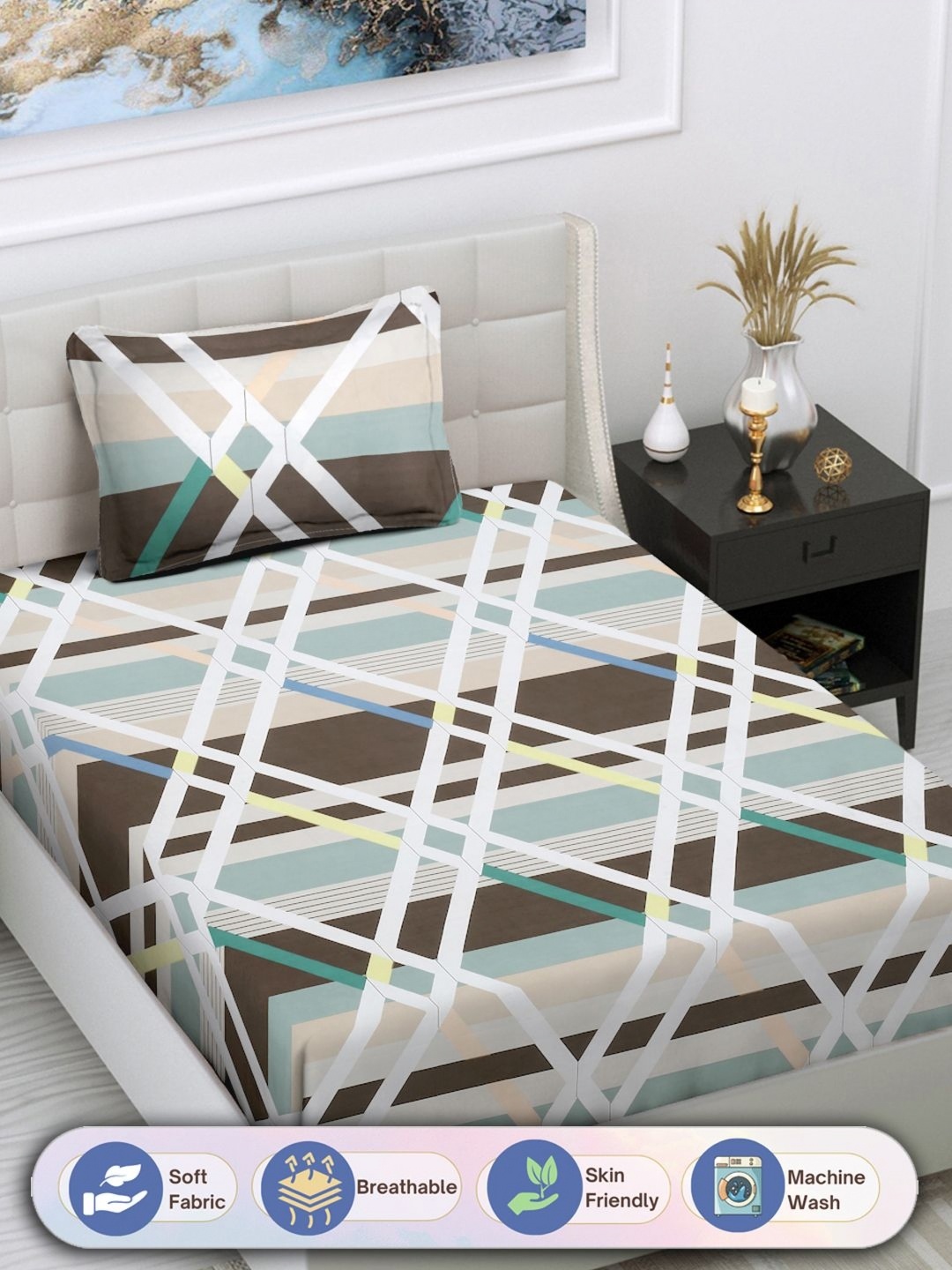 

FABINALIV White & Brown Geometric 300 TC Single Bedsheet with 1 Pillow Cover