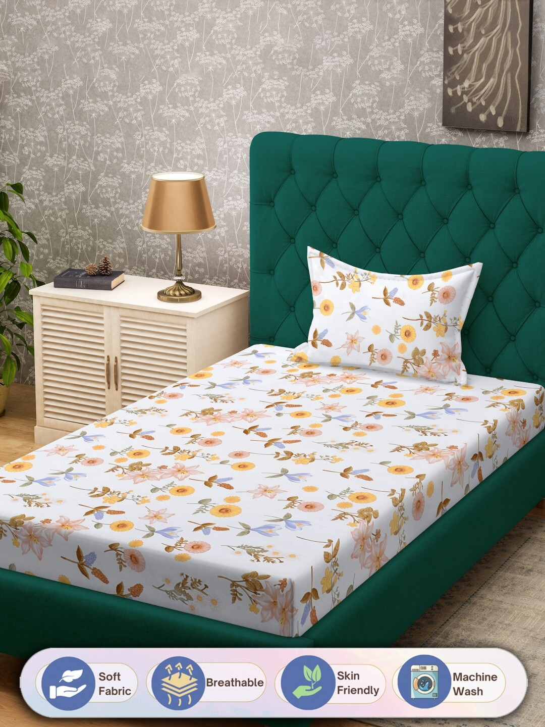 

FABINALIV White & Yellow Floral Printed 300 TC Single Bedsheet With 1 Pillow Cover