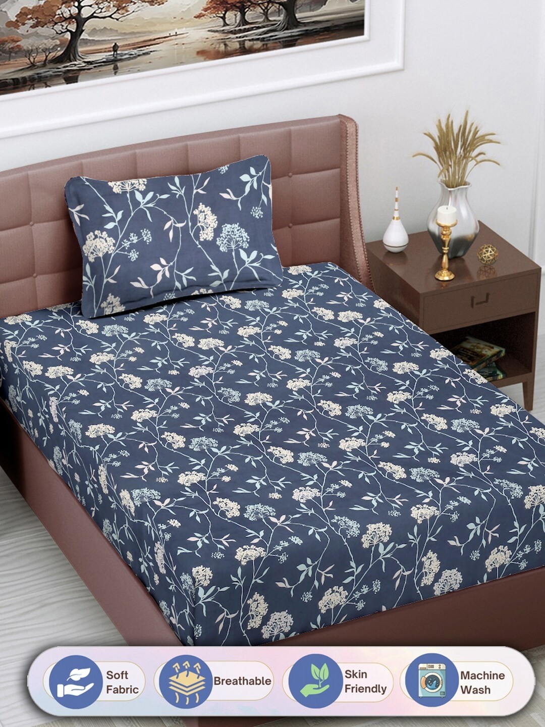 

FABINALIV Blue & White Floral Printed 300 TC Single Bedsheet With 1 Pillow Cover