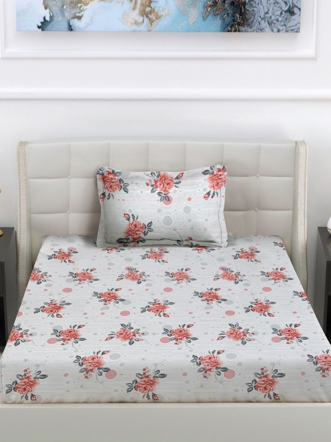 

FABINALIV White & Pink Floral Printed 300 TC Single Bedsheet With 1 Pillow Cover