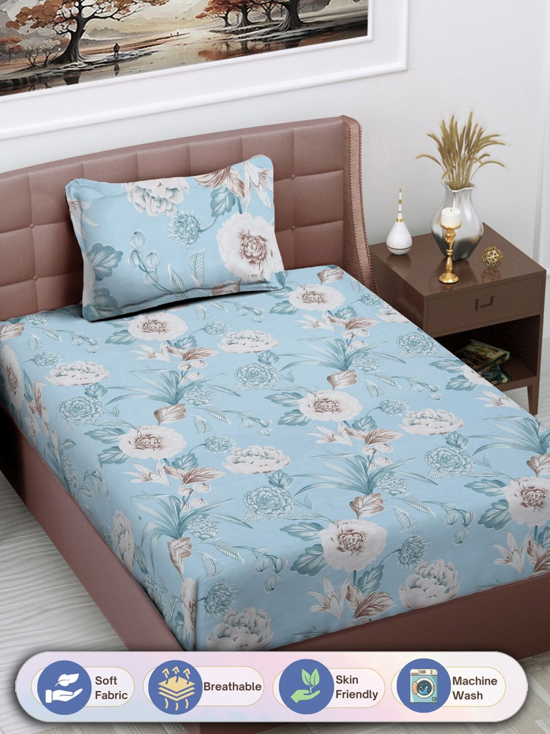 

FABINALIV Blue & White Floral 300 TC Single Bedsheet with 1 Pillow Cover