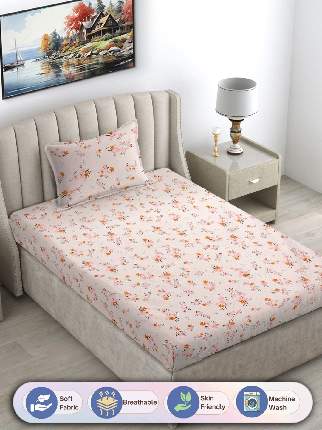 

FABINALIV White & Pink Floral Printed 300 TC Single Bedsheet with 1 Pillow Cover