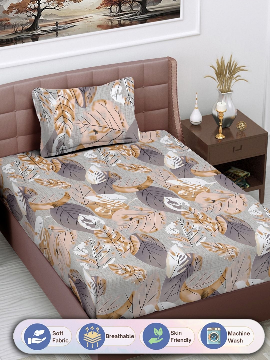 

FABINALIV Grey & White Floral 300 TC Single Bedsheet with 1 Pillow Cover