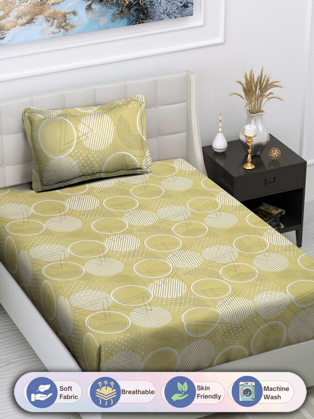 

FABINALIV Beige & White Geometric 300 TC Single Bedsheet with 1 Pillow Cover
