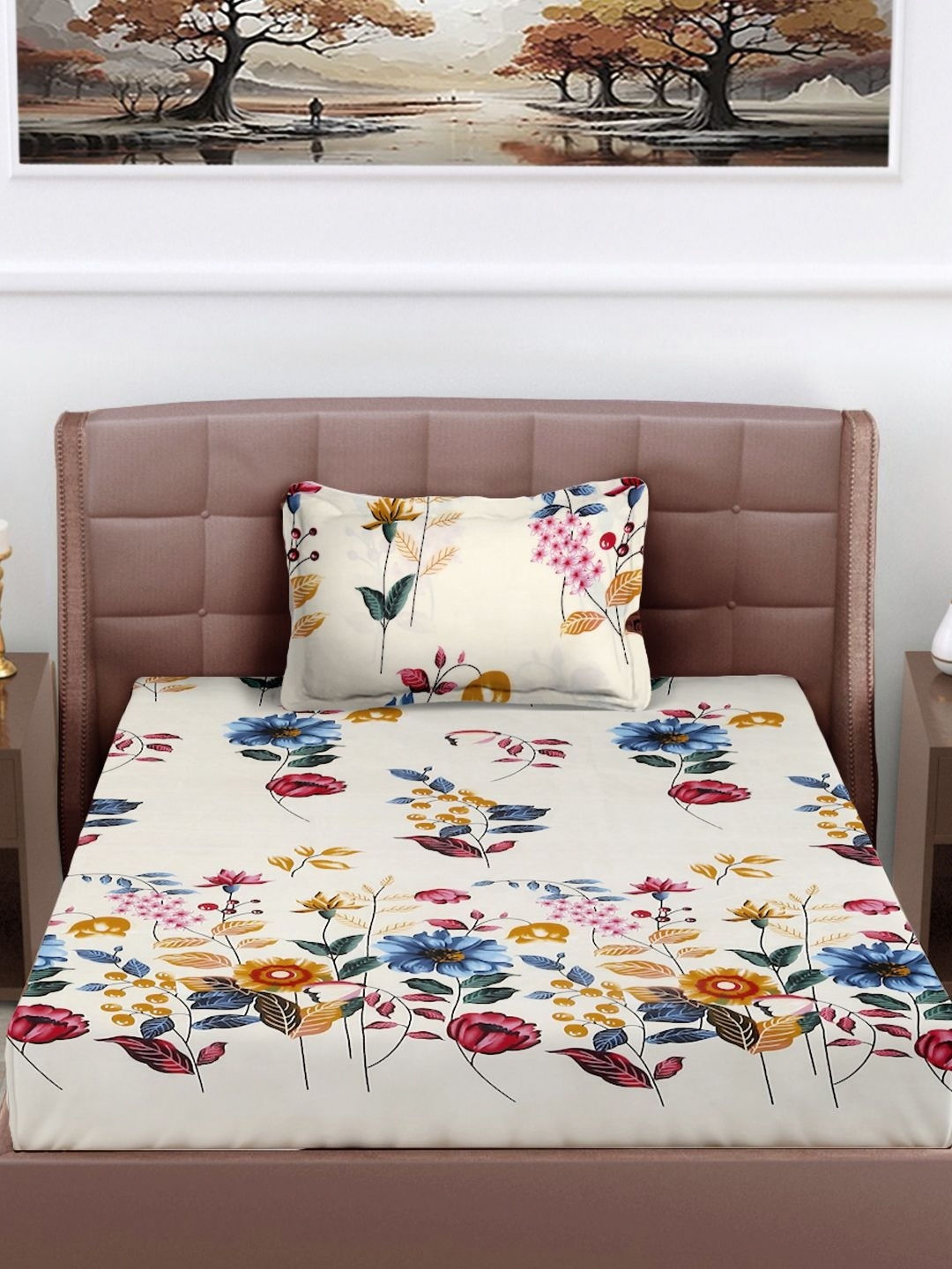 

FABINALIV Cream & Pink Floral Printed 300 TC Single Bedsheet With 1 Pillow Cover