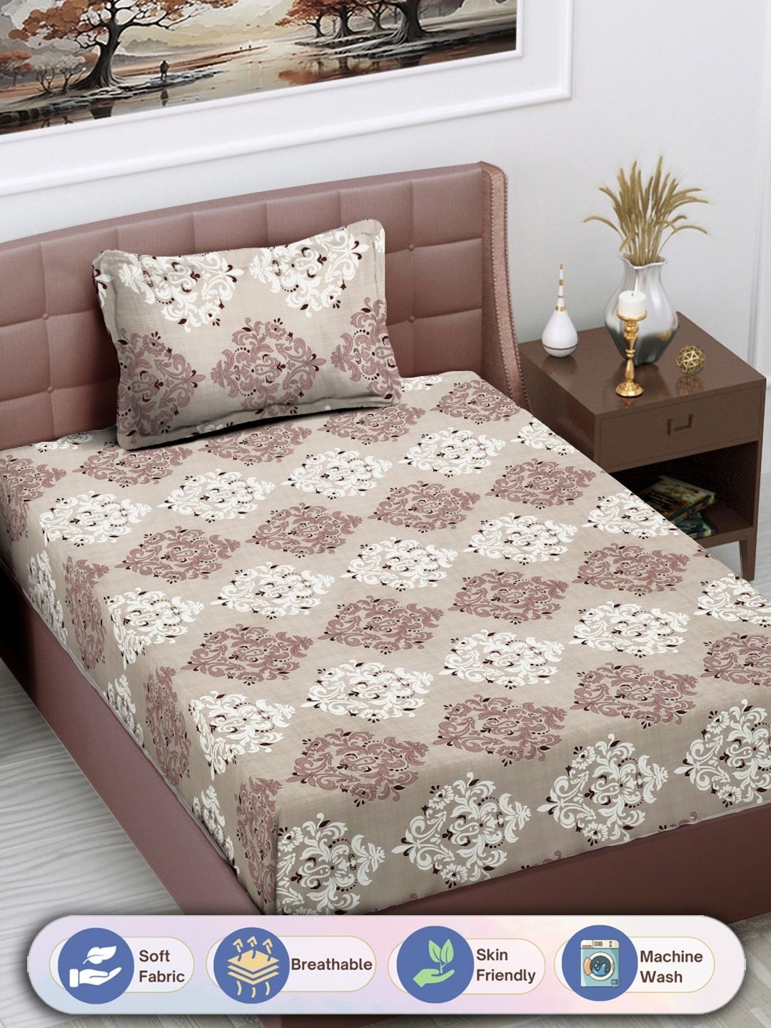 

FABINALIV Brown & Beige Ethnic Motifs 300 TC Single Bedsheet with 1 Pillow Cover