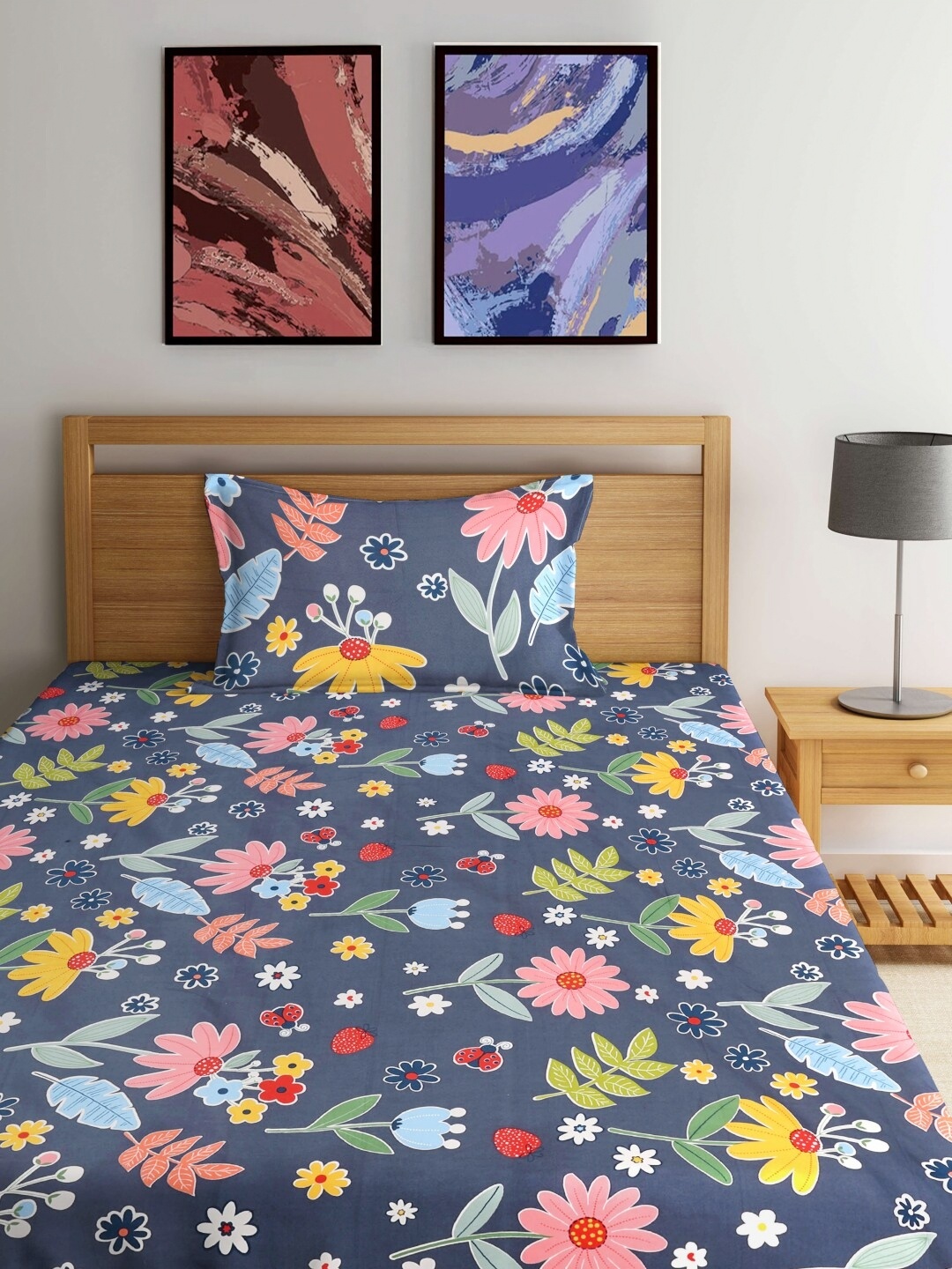 

FABINALIV Grey & Yellow Floral Printed 300 TC Single Bedsheet With 1 Pillow Cover
