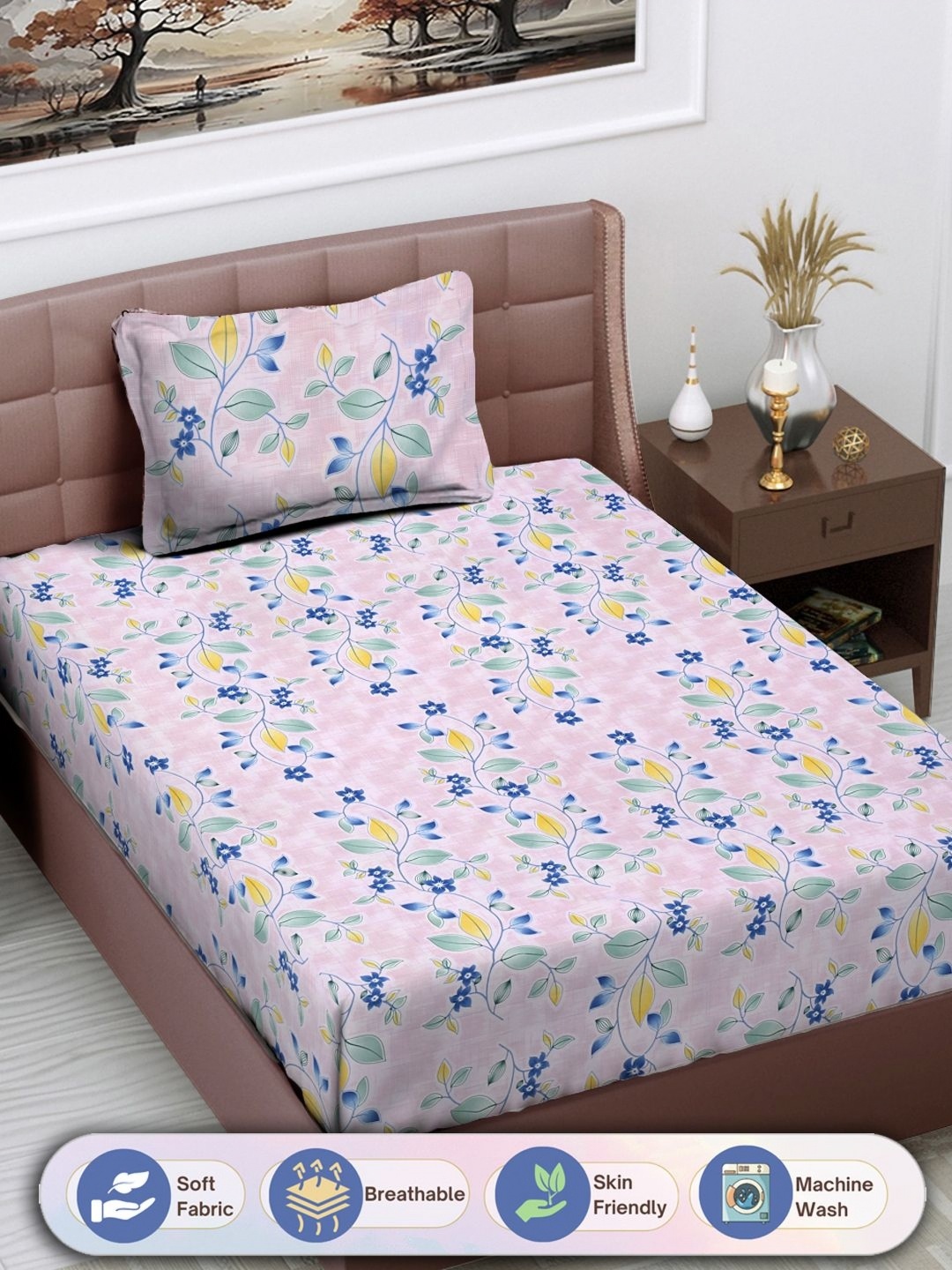 

FABINALIV Pink & Blue Floral Printed 300 TC Single Bedsheet With 1 Pillow Cover