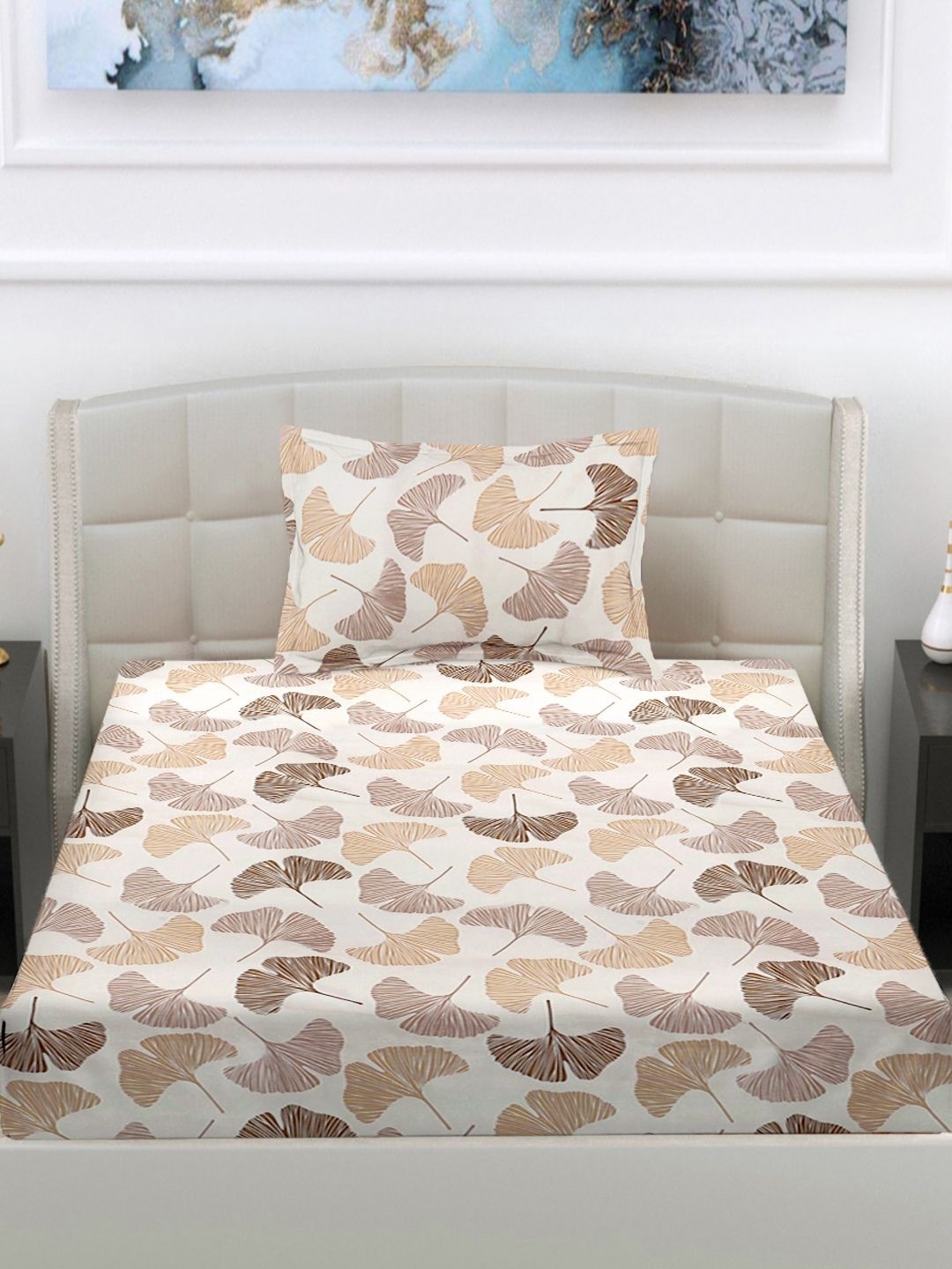 

FABINALIV Cream & Brown Floral Printed 300 TC Single Bedsheet With 1 Pillow Cover