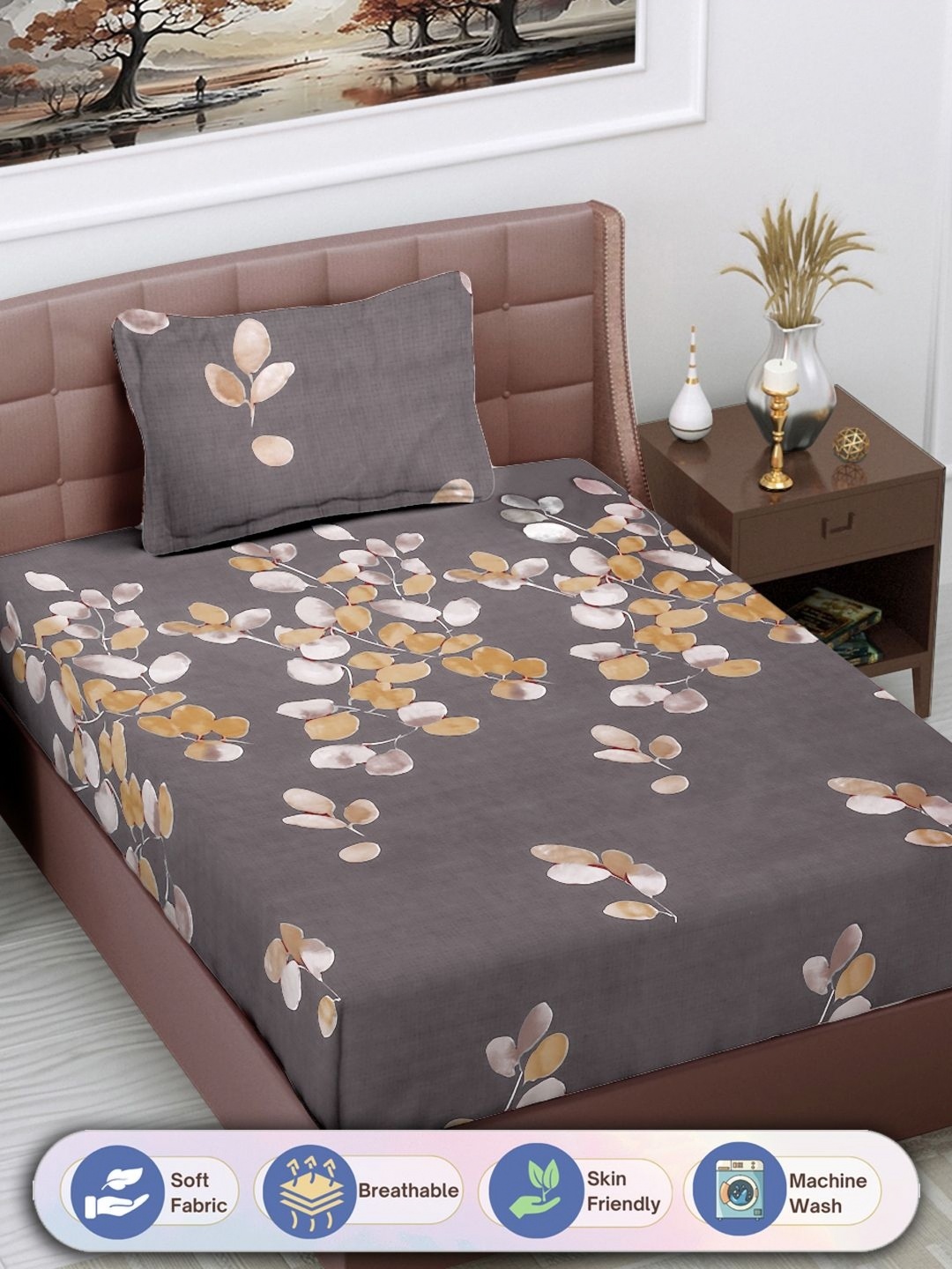 

FABINALIV Grey & Brown Floral Printed 300 TC Single Bedsheet With 1 Pillow Cover