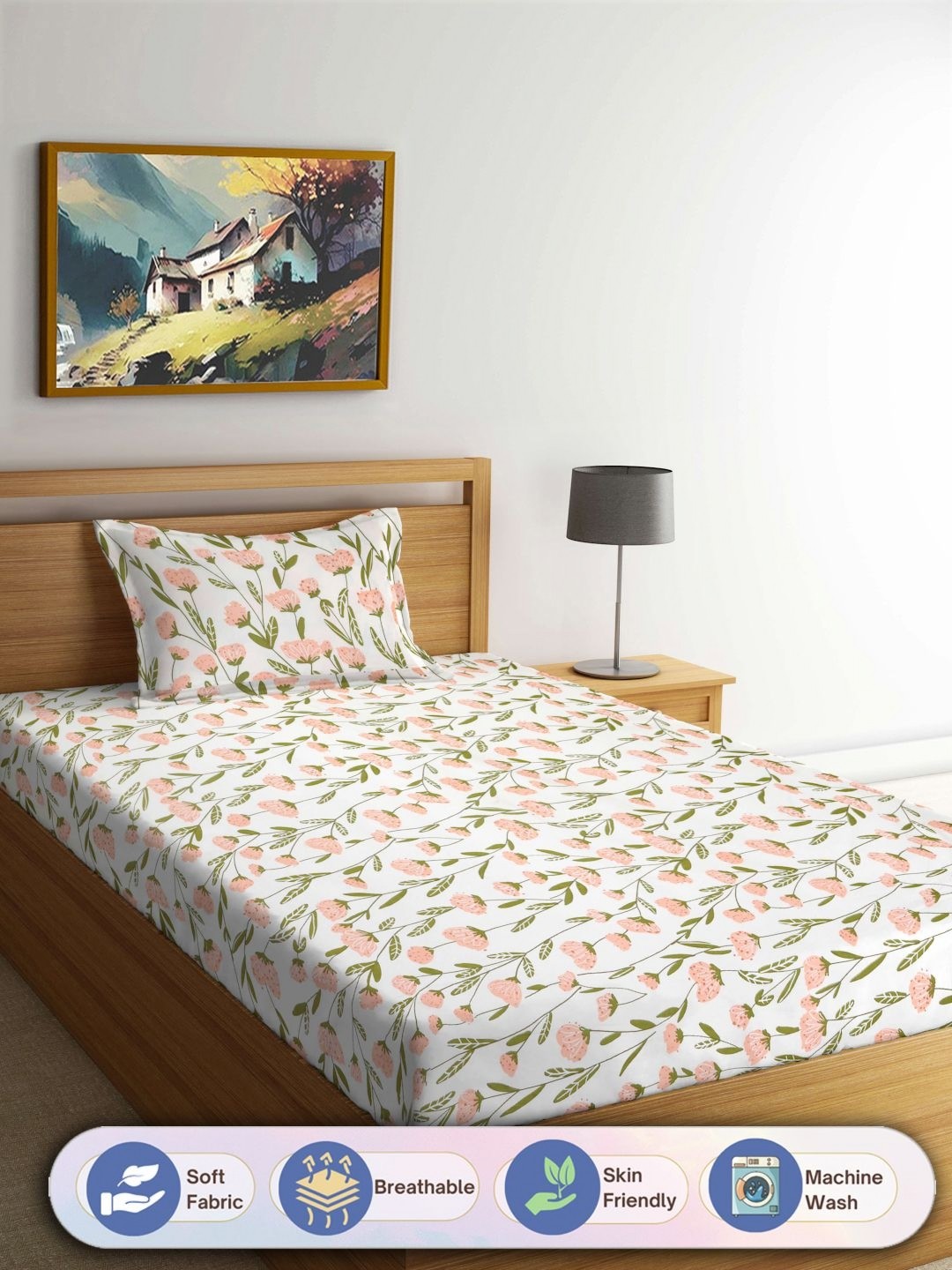 

FABINALIV White & Pink Floral Printed 300 TC Single Bedsheet With 1 Pillow Cover