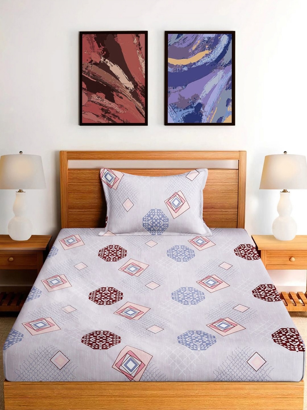 

FABINALIV Blue & Maroon Geometric Printed 300 TC Single Bedsheet With 1 Pillow Cover