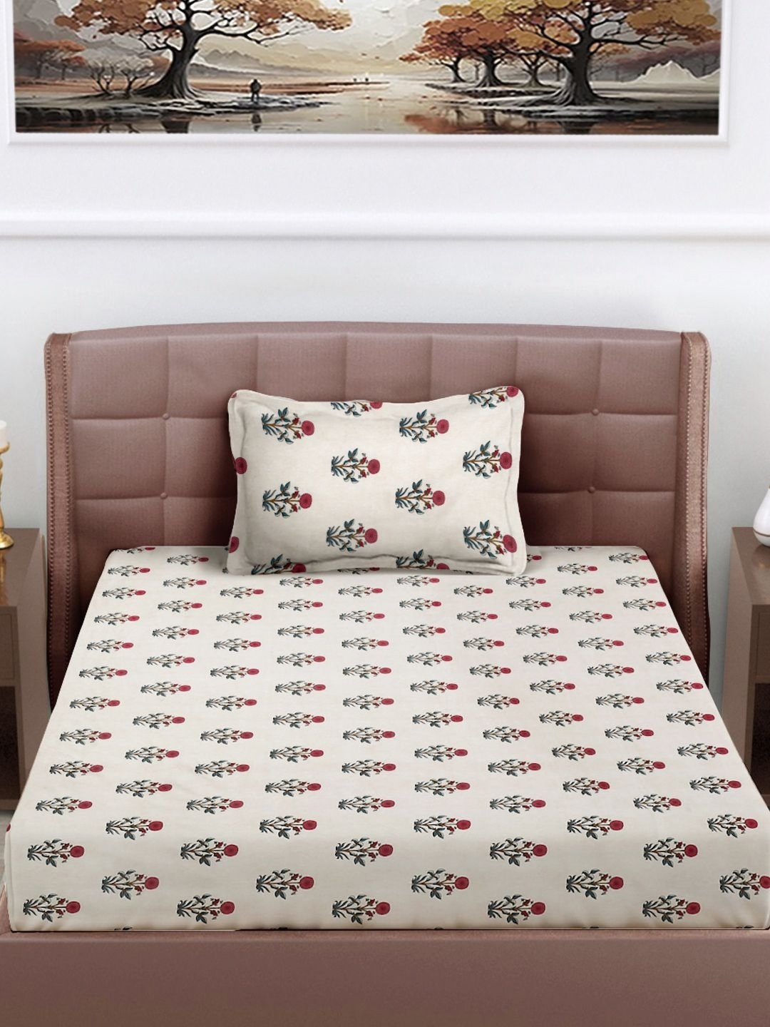 

FABINALIV Cream & Green Printed Floral 300 TC Single Bedsheet With 1 Pillow Cover