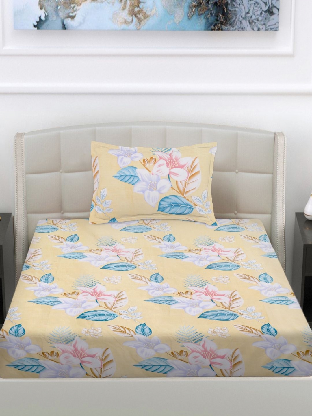

FABINALIV Yellow & Blue Floral 300 TC Single Bedsheet With Pillow Cover