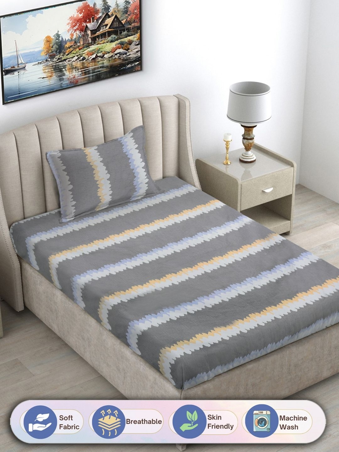 

FABINALIV Grey & Blue Striped 300 TC Single Bedsheet With Pillow Cover