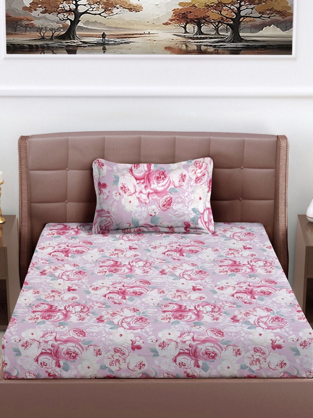 

FABINALIV Pink & White Floral 300 TC Single Bedsheet with 1 Pillow Cover