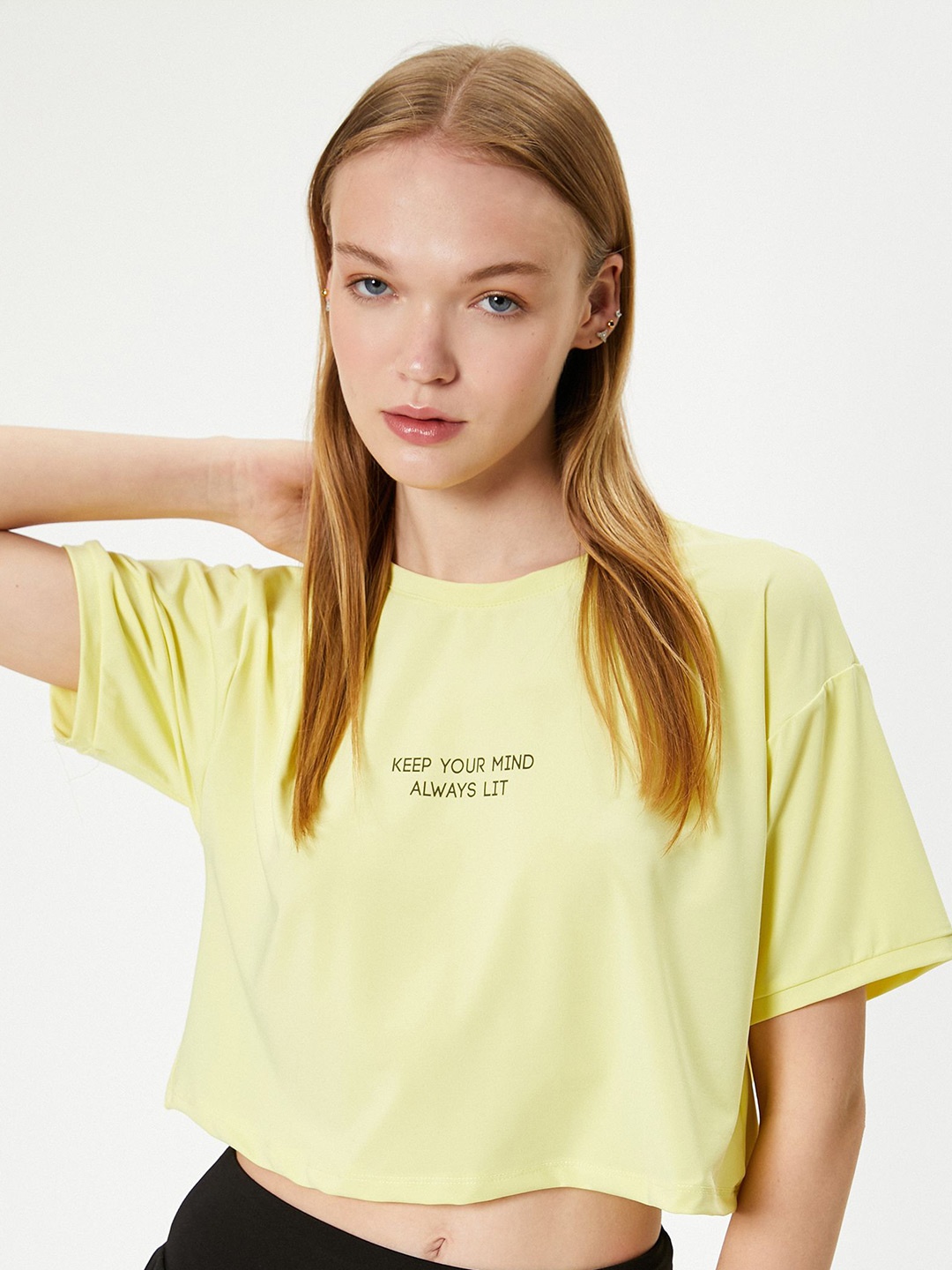 

Koton Women Typography Printed Round Neck Crop T-shirt, Yellow