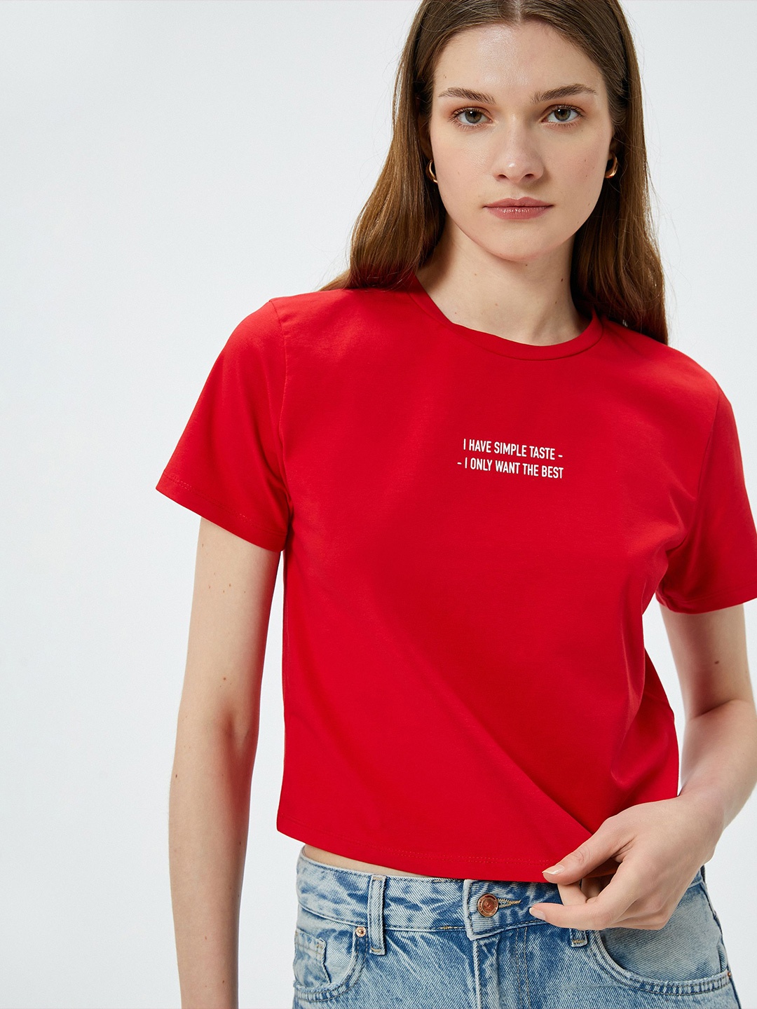 Koton Women Typography Printed Round Neck Cherry Red Crop T-shirt