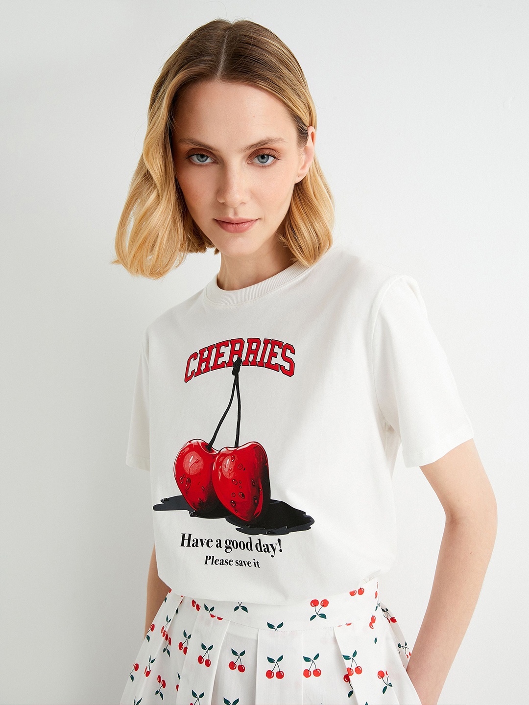 Koton Women Graphic Printed Round Neck T-shirt, White