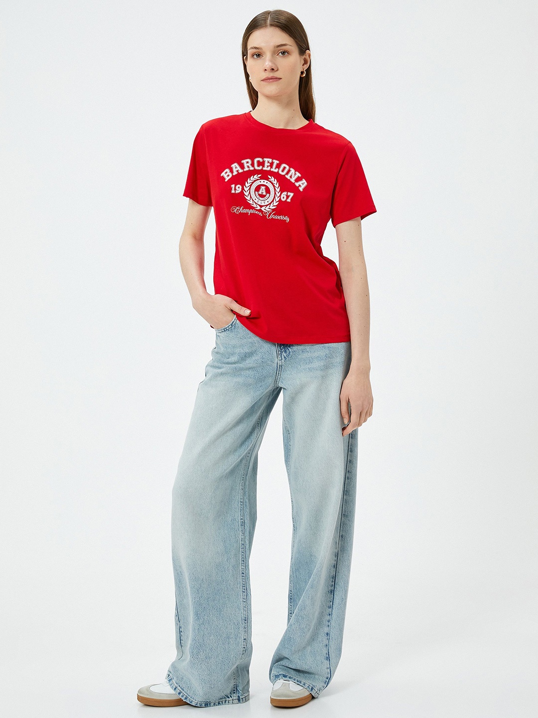 

Koton Women Cherry Red Varsity Printed Round Neck T-shirt