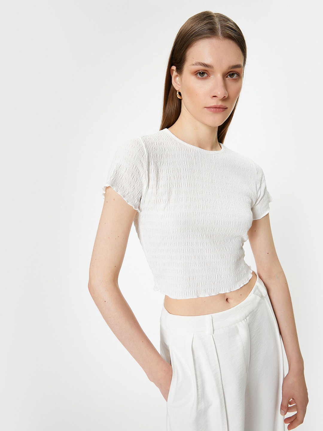 

Koton Women Solid Smocked Round Neck Crop Top, White