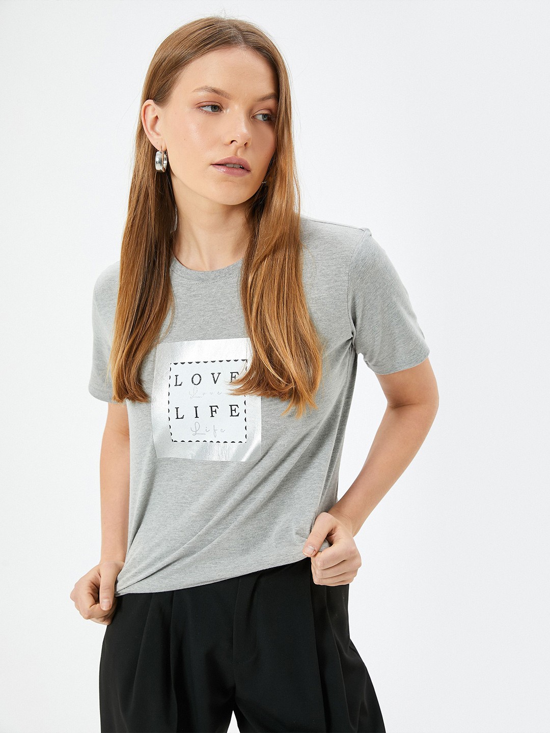 

Koton Women Typography Printed Round Neck T-shirt, Grey