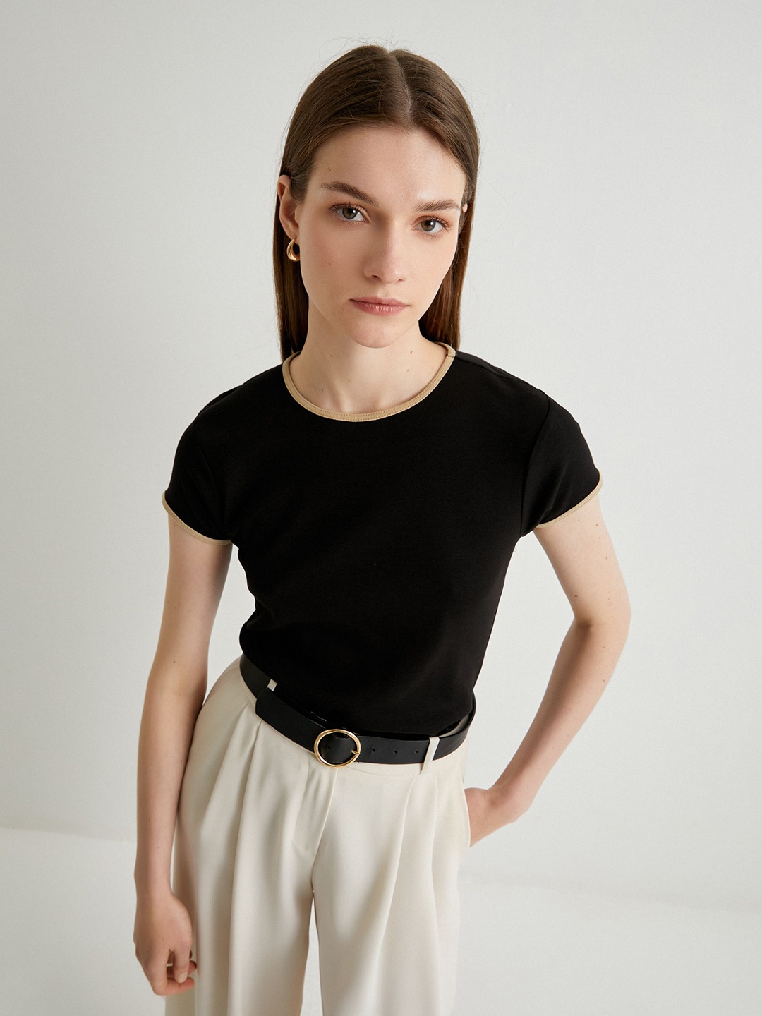

Koton Women Round Neck Pure Cotton Solid T-shirt, Black