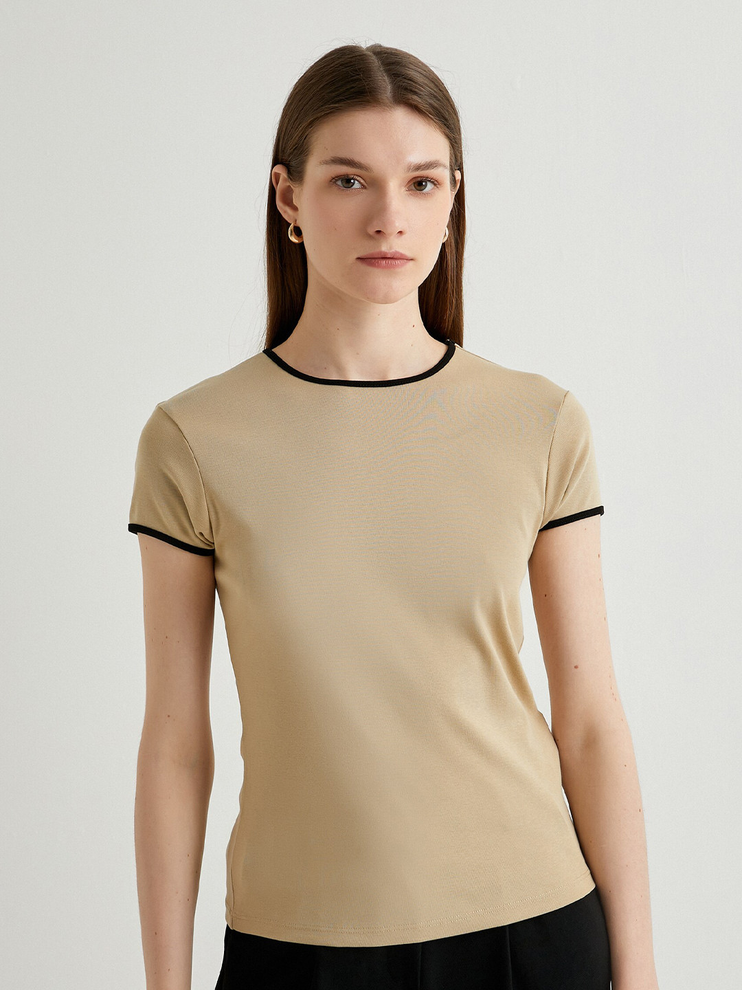 

Koton Women Round Neck Solid Pure Cotton T-shirt, Beige