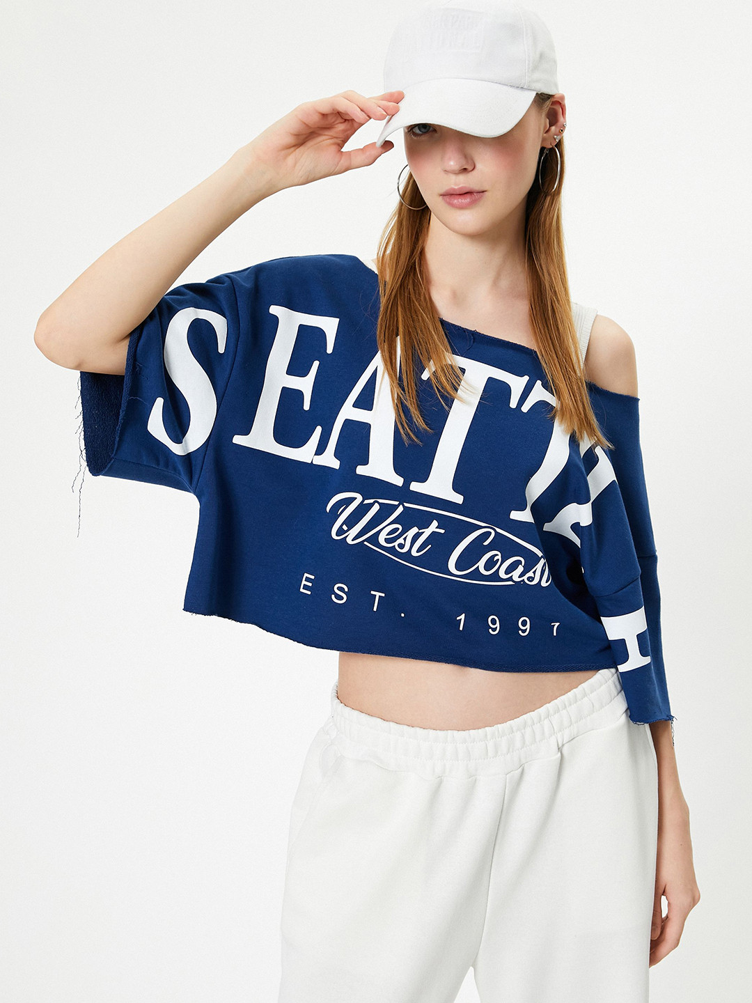 

Koton Women Typography Printed Off Shoulder Crop Top, Navy blue