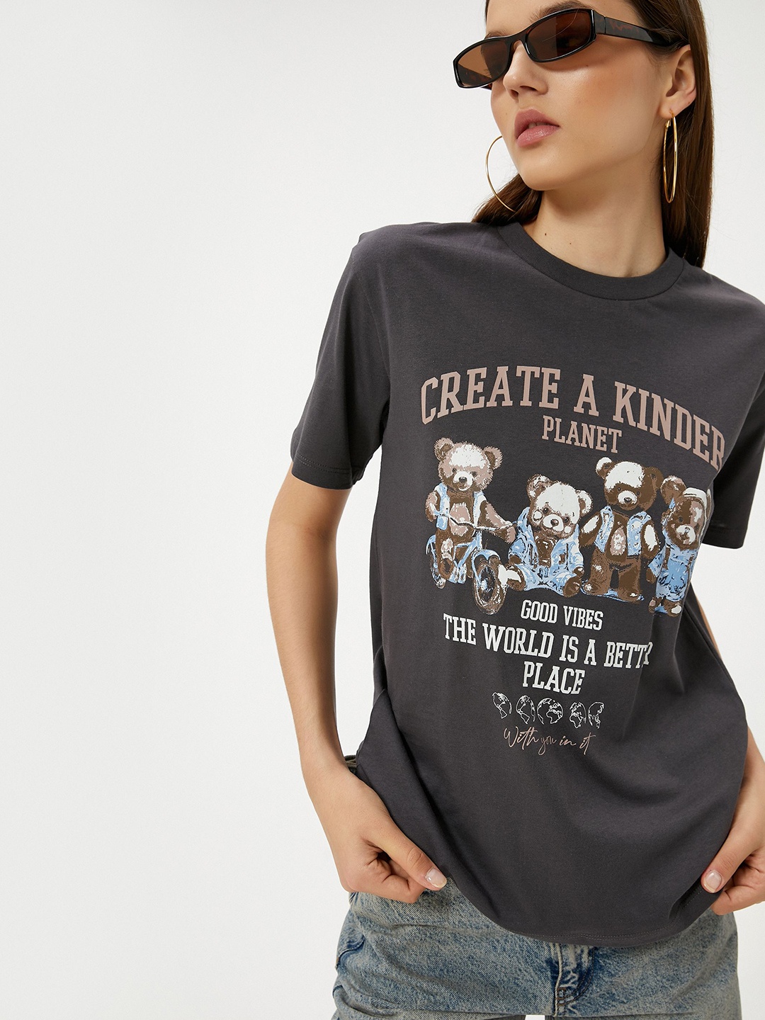 Koton Women Graphic Printed Round Neck Pure Cotton T-shirt, Grey