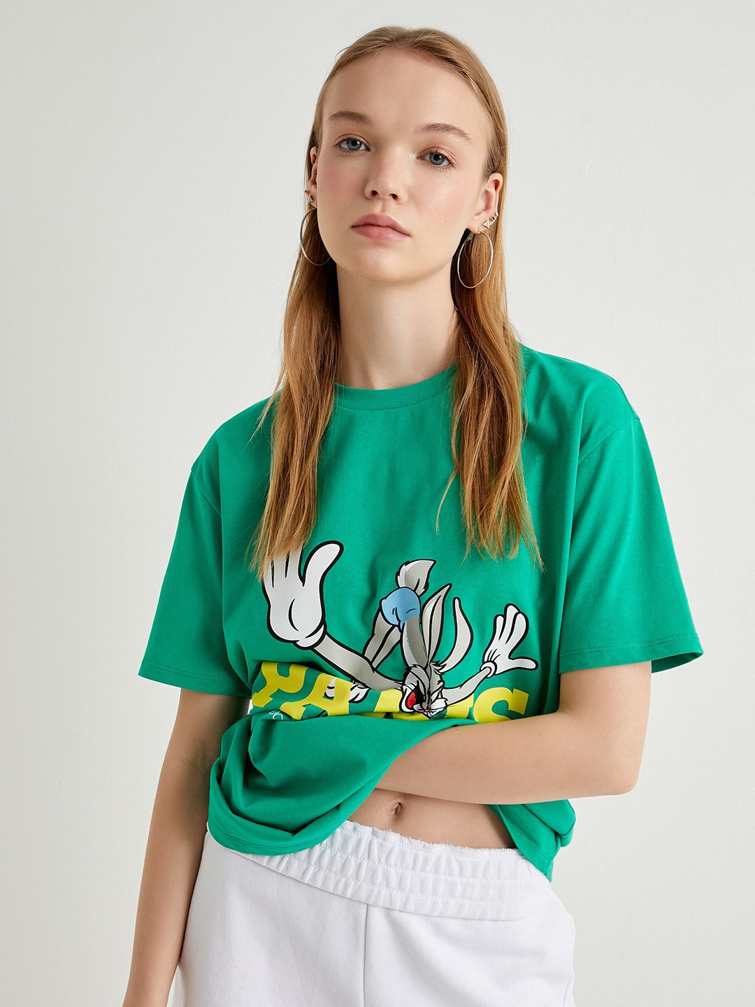 

Koton Women Graphic Looney Tunes Printed Round Neck Pure Cotton T-shirt, Green