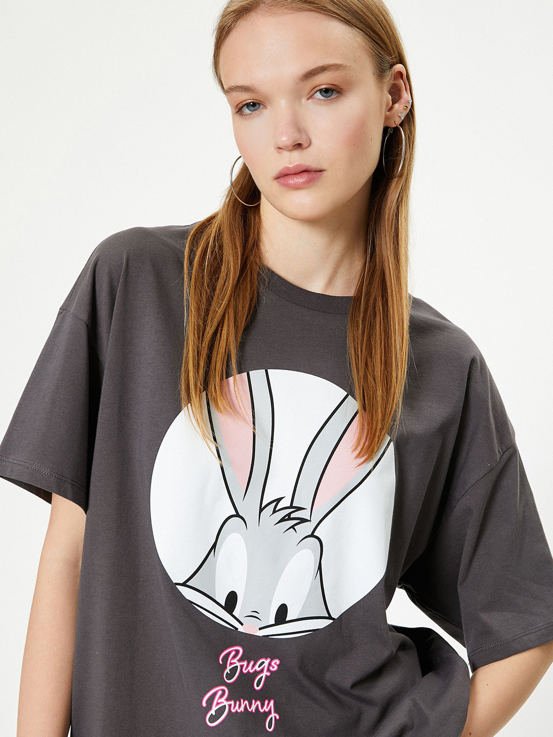

Koton Women Graphic Bugs Bunny Printed Round Neck Pure Cotton T-shirt, Grey