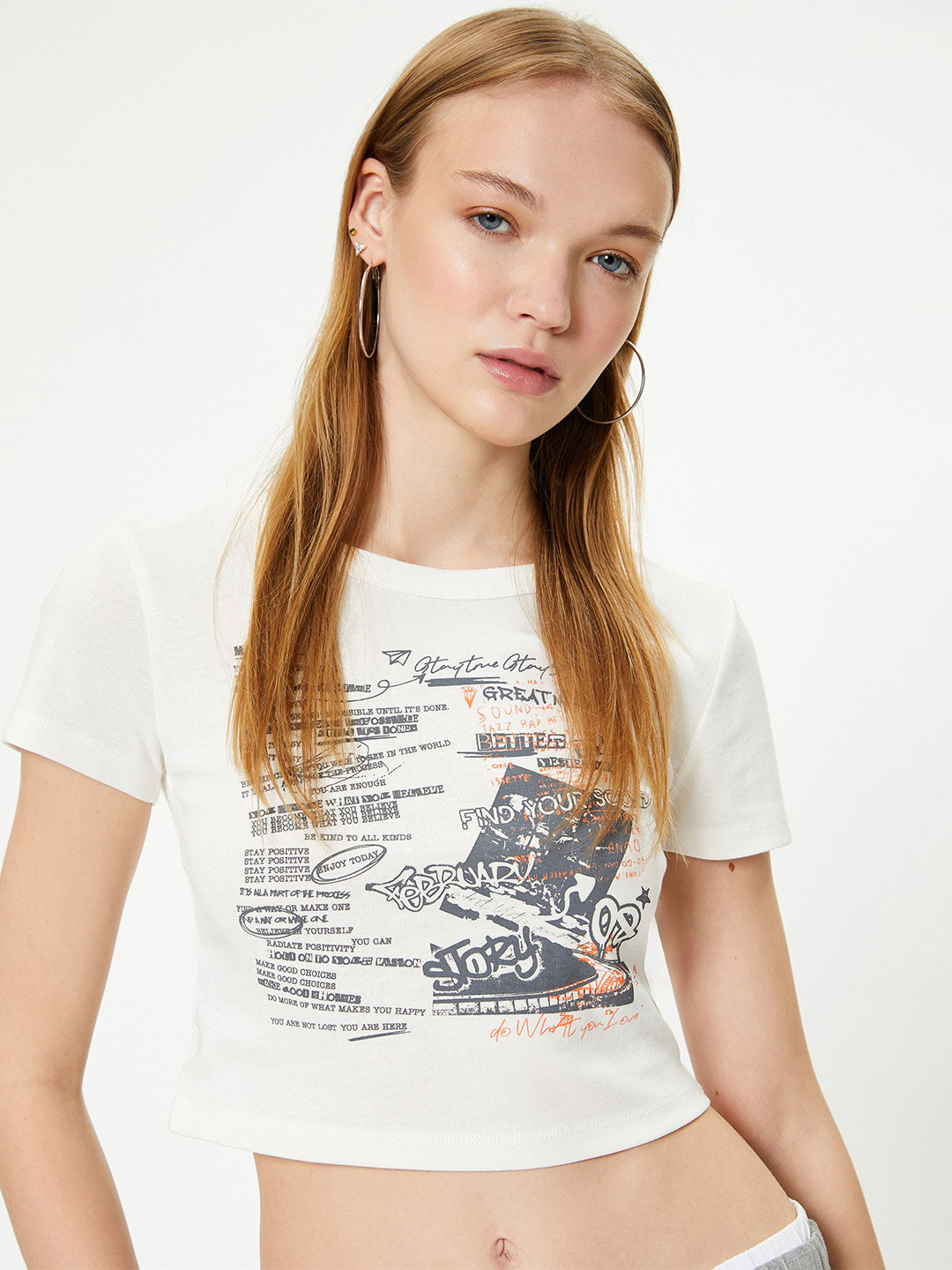 

Koton Women Typography Printed Round Neck T-shirt, Beige