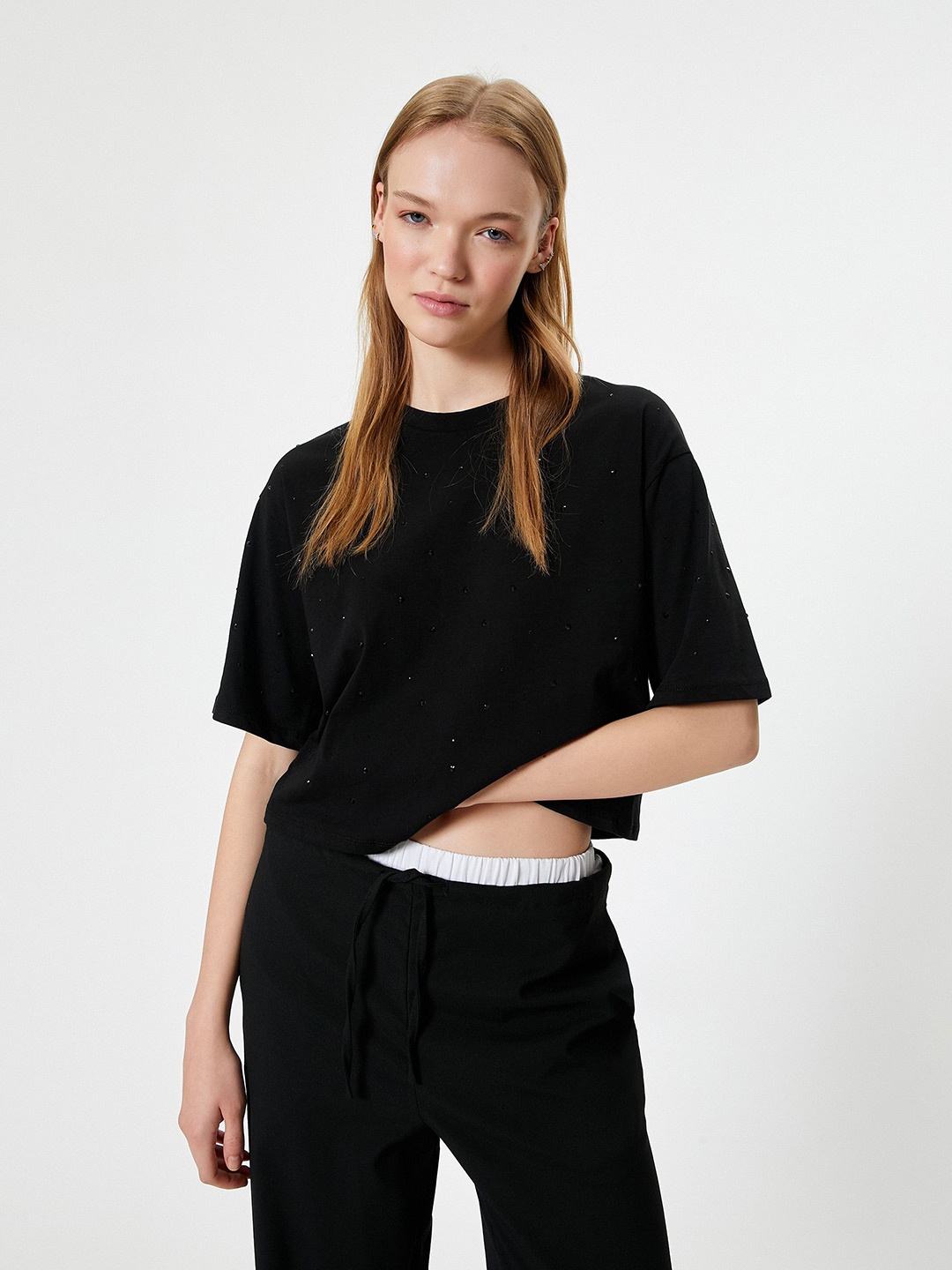 

Koton Women Round Neck Embellished Crop T-shirt, Black