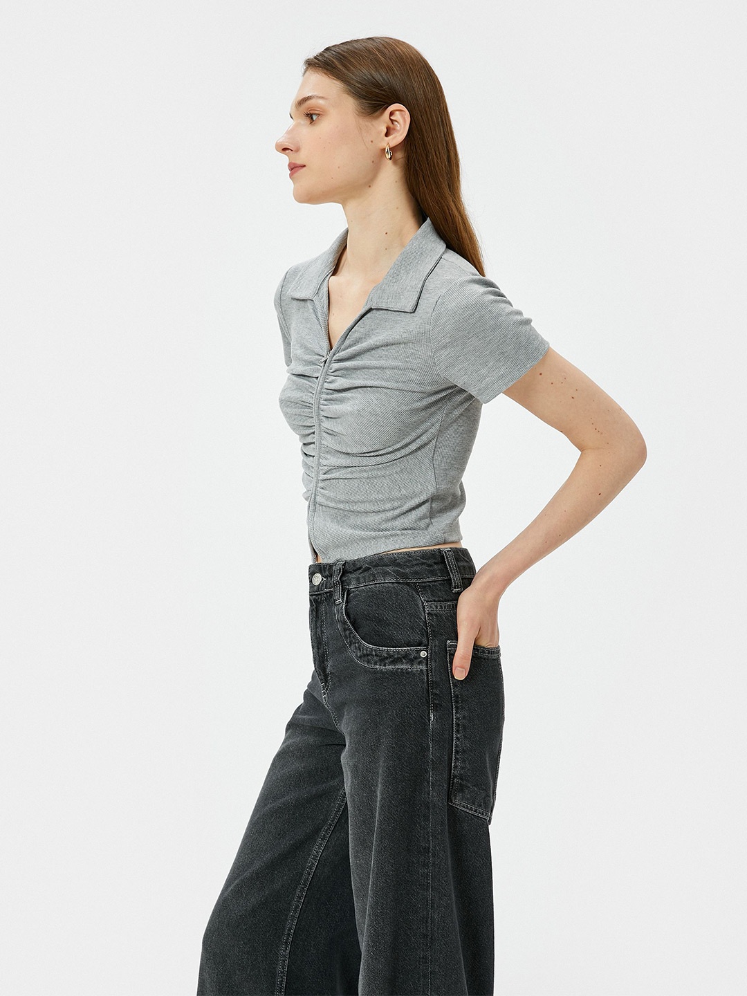 

Koton Women Shirt Collar Ruched Solid Crop Top, Grey