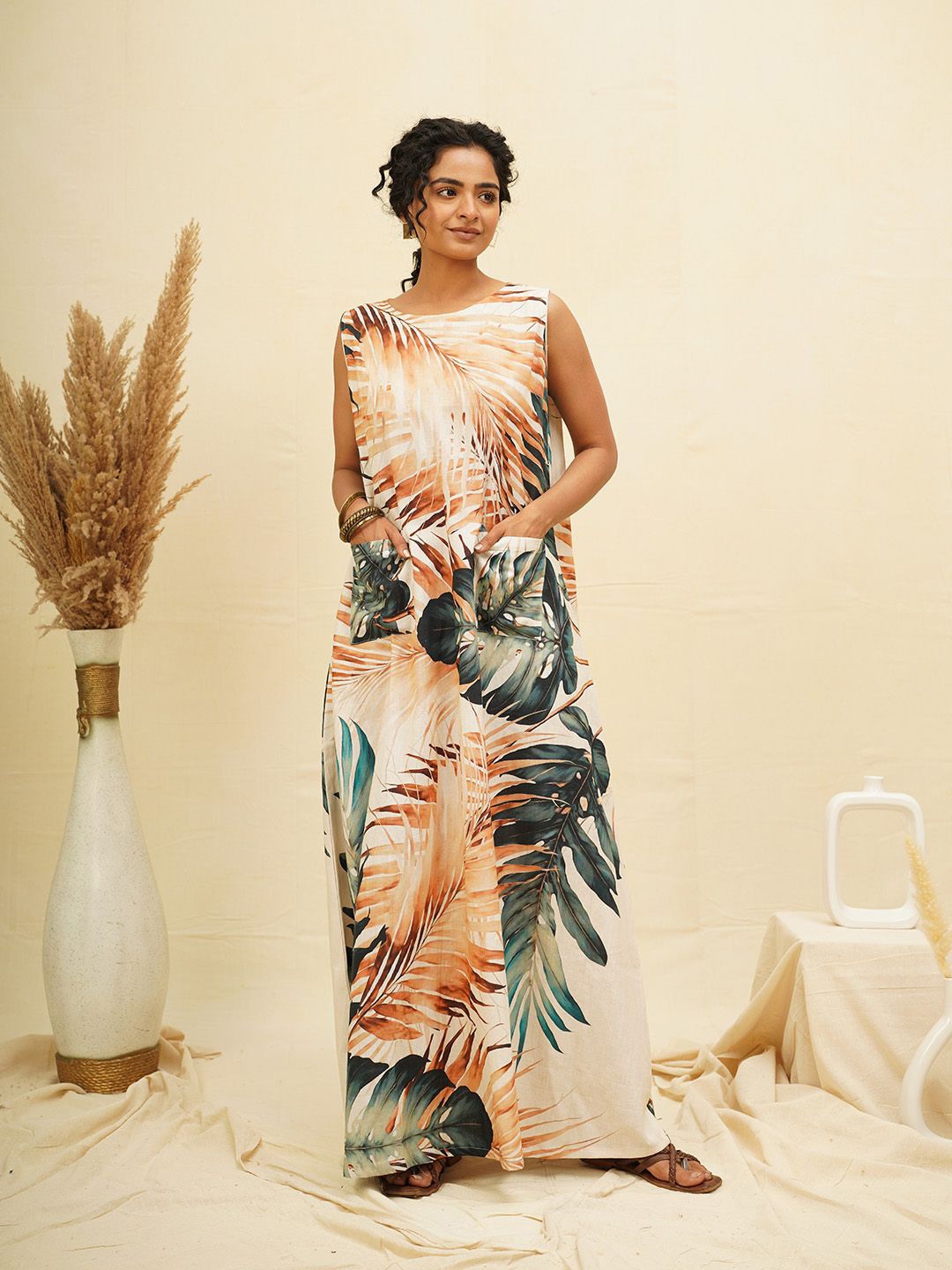 

THE SAFFRON SAGA Tropical Print Cotton Maxi Dress, Beige