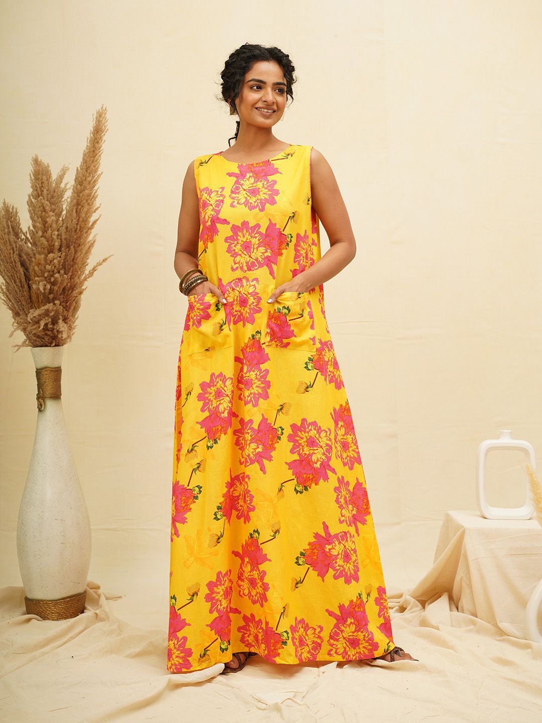 

THE SAFFRON SAGA Floral Print Maxi Dress, Yellow