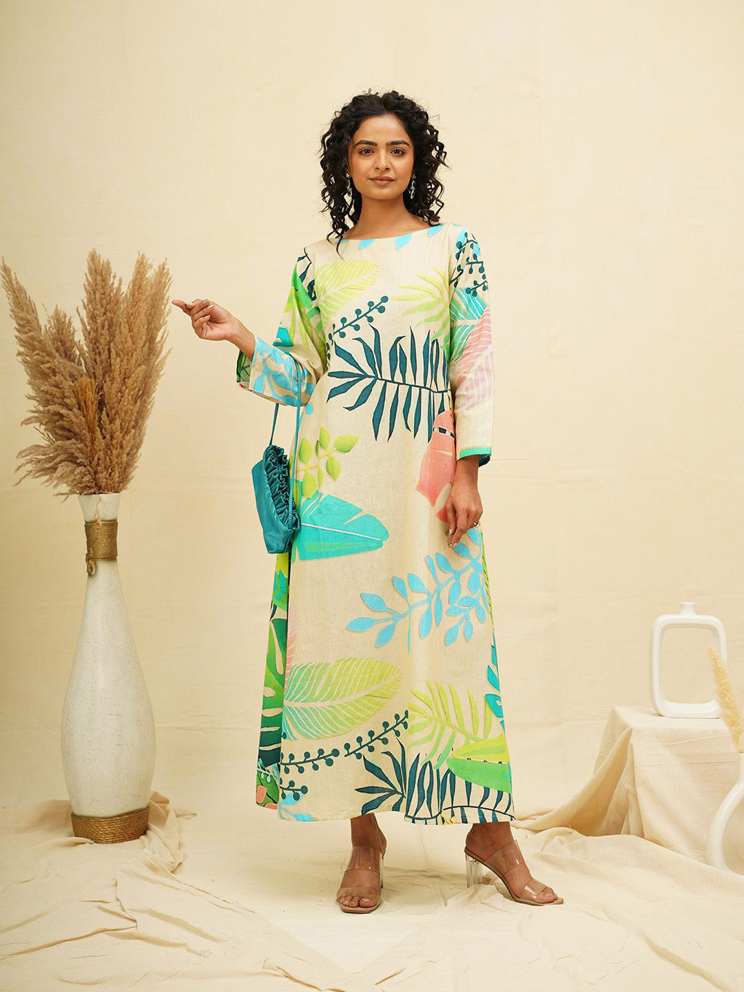

THE SAFFRON SAGA Tropical Print Boat Neck Maxi Dress, Multi
