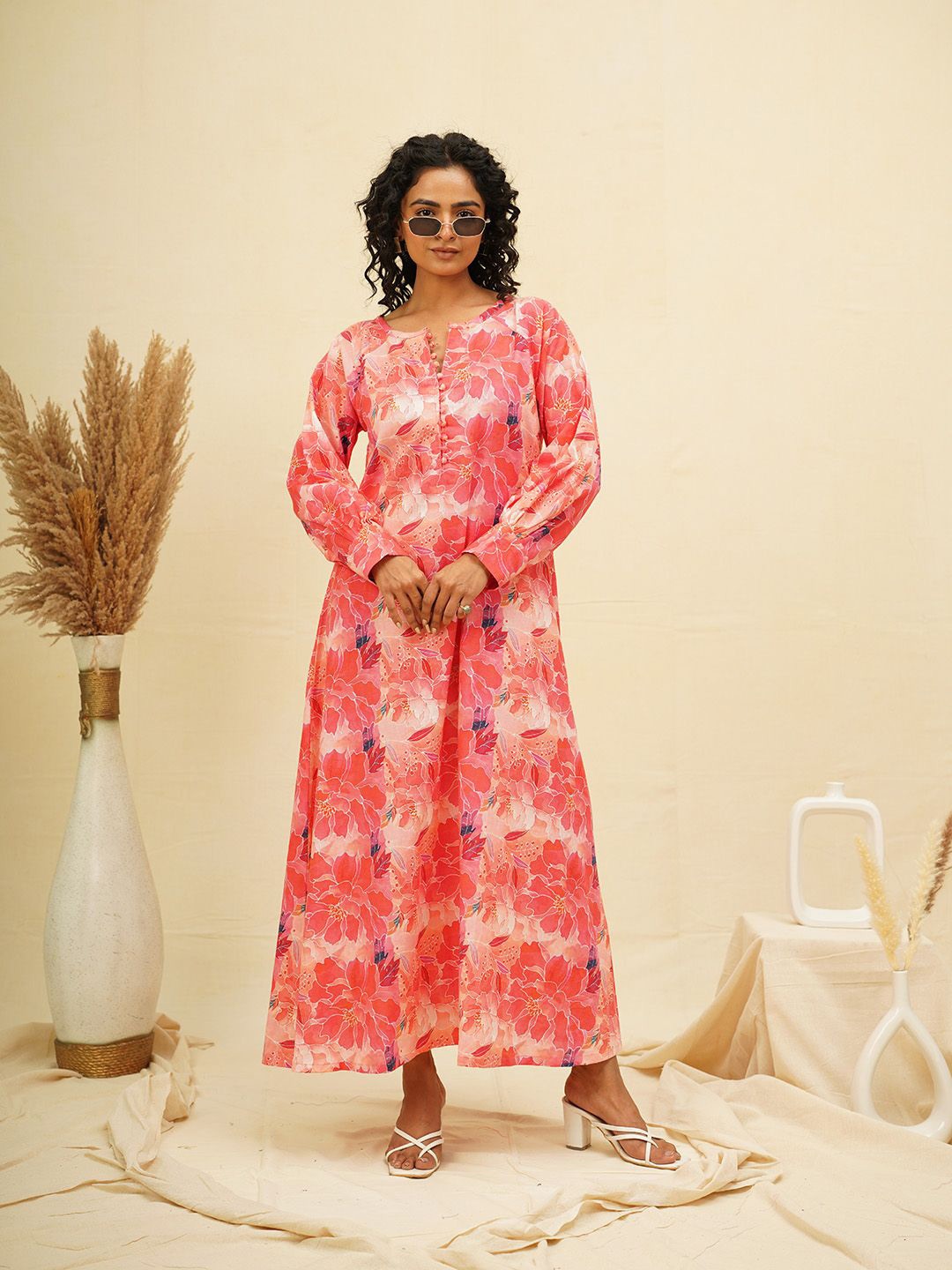 

THE SAFFRON SAGA Women Floral Print A-Line Midi Dress, Coral