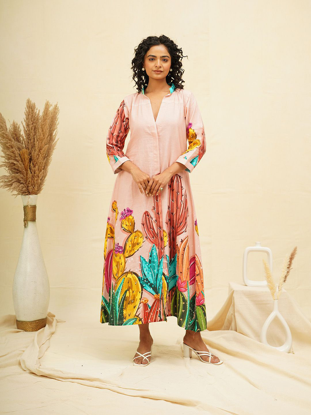 

THE SAFFRON SAGA Floral Print A-Line Midi Dress, Pink