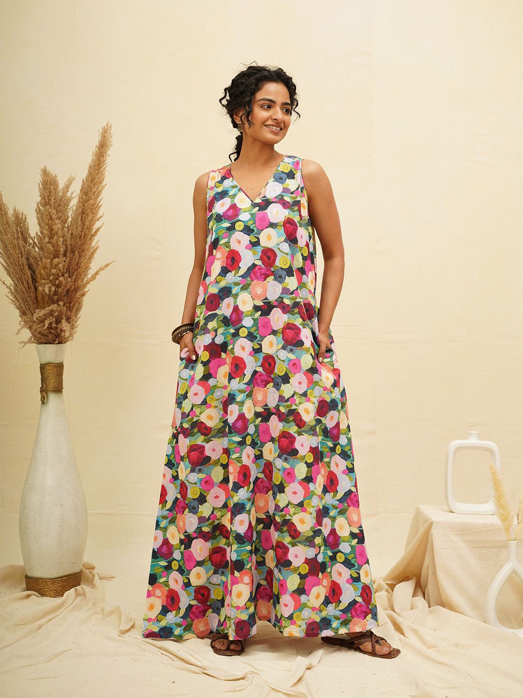 

THE SAFFRON SAGA Floral Print Maxi Dress, Red