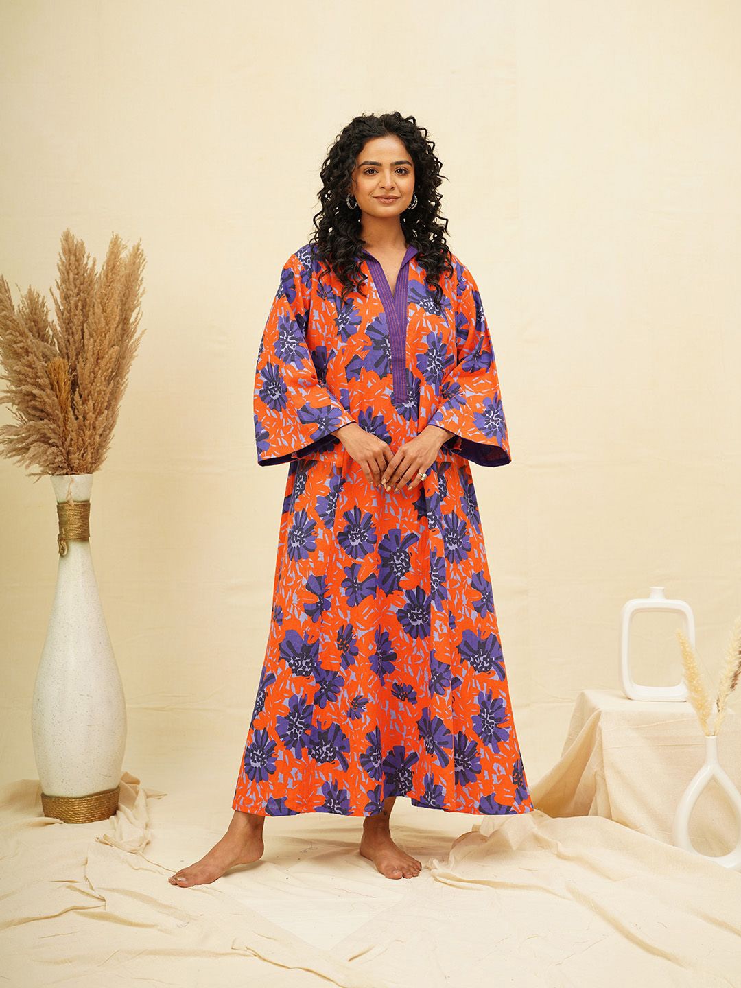 

THE SAFFRON SAGA Floral Print Flared Sleeve A-Line Midi Dress, Purple