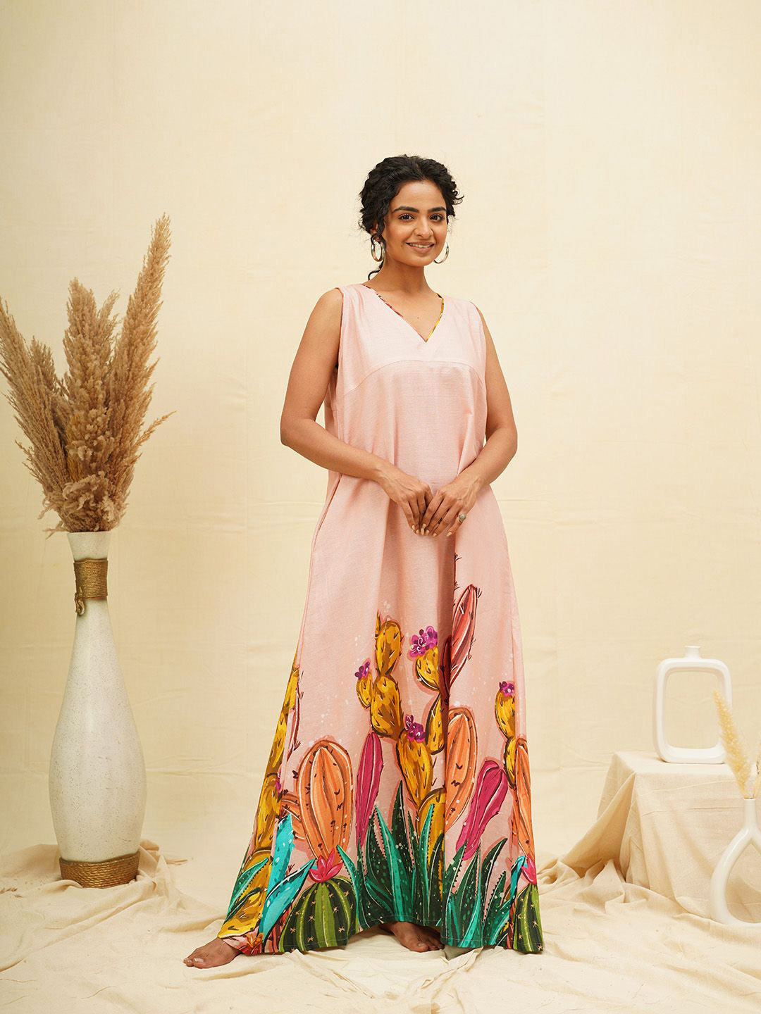

THE SAFFRON SAGA Tropical Print Sleeveless Maxi Dress, Pink