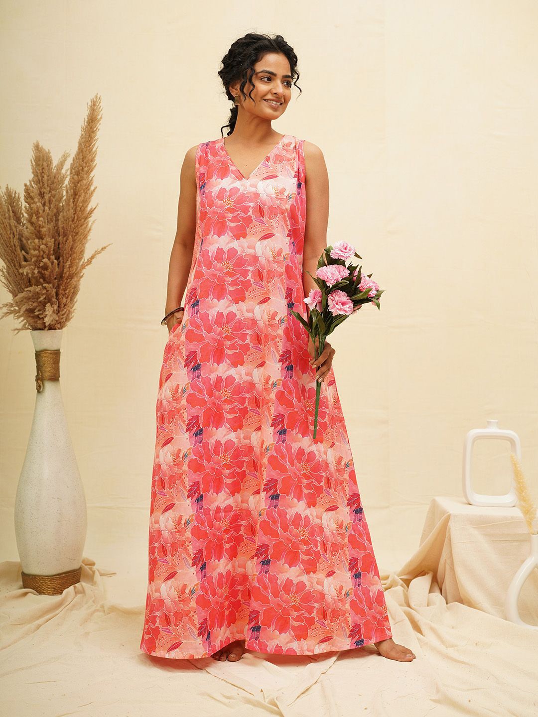

THE SAFFRON SAGA Floral Print Cotton Maxi Dress, Coral