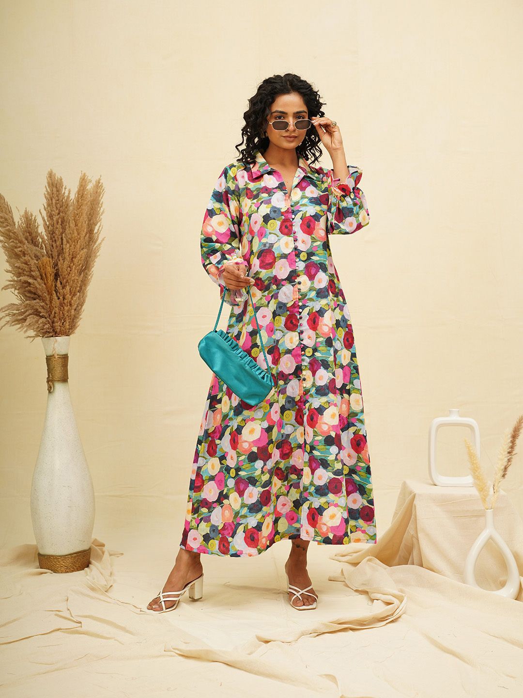 

THE SAFFRON SAGA Floral Print Shirt Midi Dress, Multi