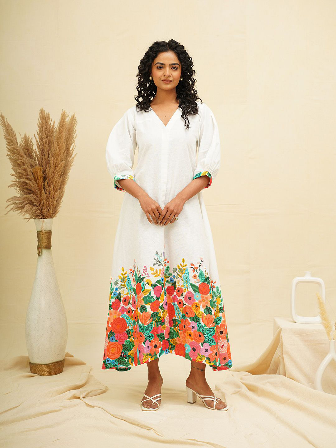 

THE SAFFRON SAGA Floral Print Puff Sleeve A-Line Midi Dress, White
