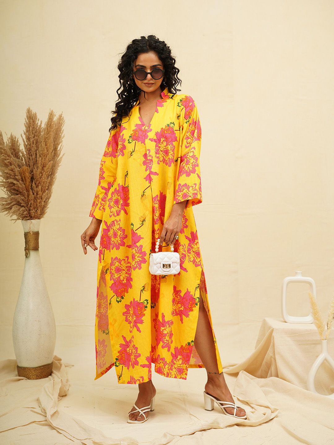 

THE SAFFRON SAGA Long Sleeves Floral Print Maxi Dress, Yellow