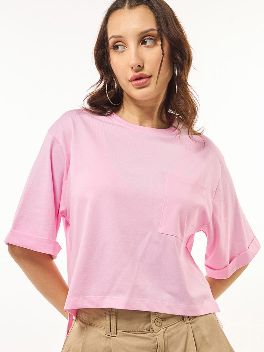 

Bewakoof Solid Pocket Cotton Oversized Crop Top, Pink