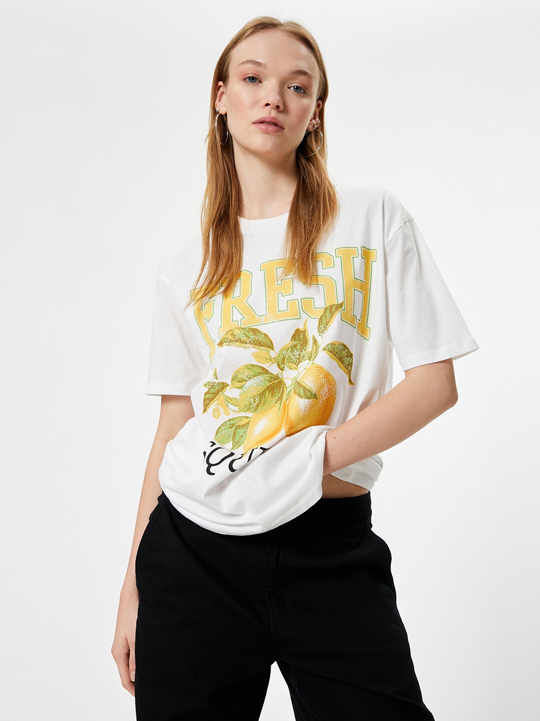 

Koton Women Graphic Printed Round Neck Pure Cotton T-shirt, White