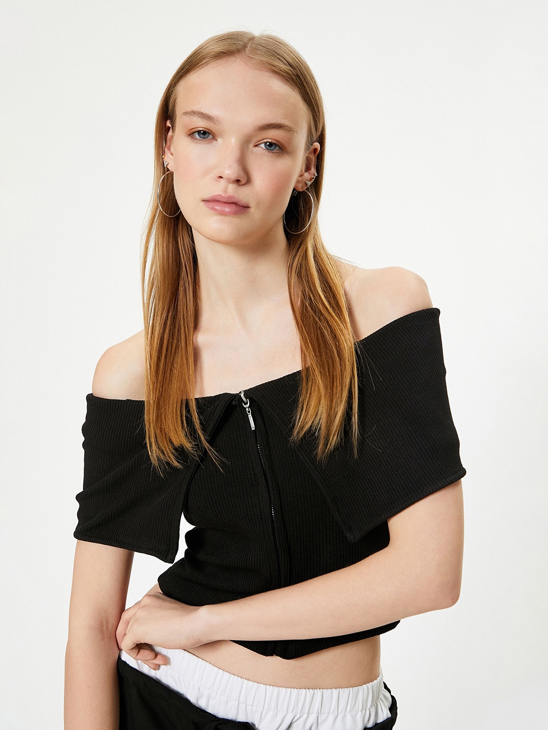 

Koton Women Solid Off Shoulder Bardot Crop Top, Black
